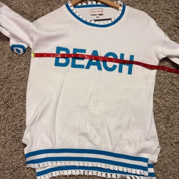 Caryn Vallone White & Aqua Blue Beach Designer Sweater, Lightweight - Picture 4 of 5